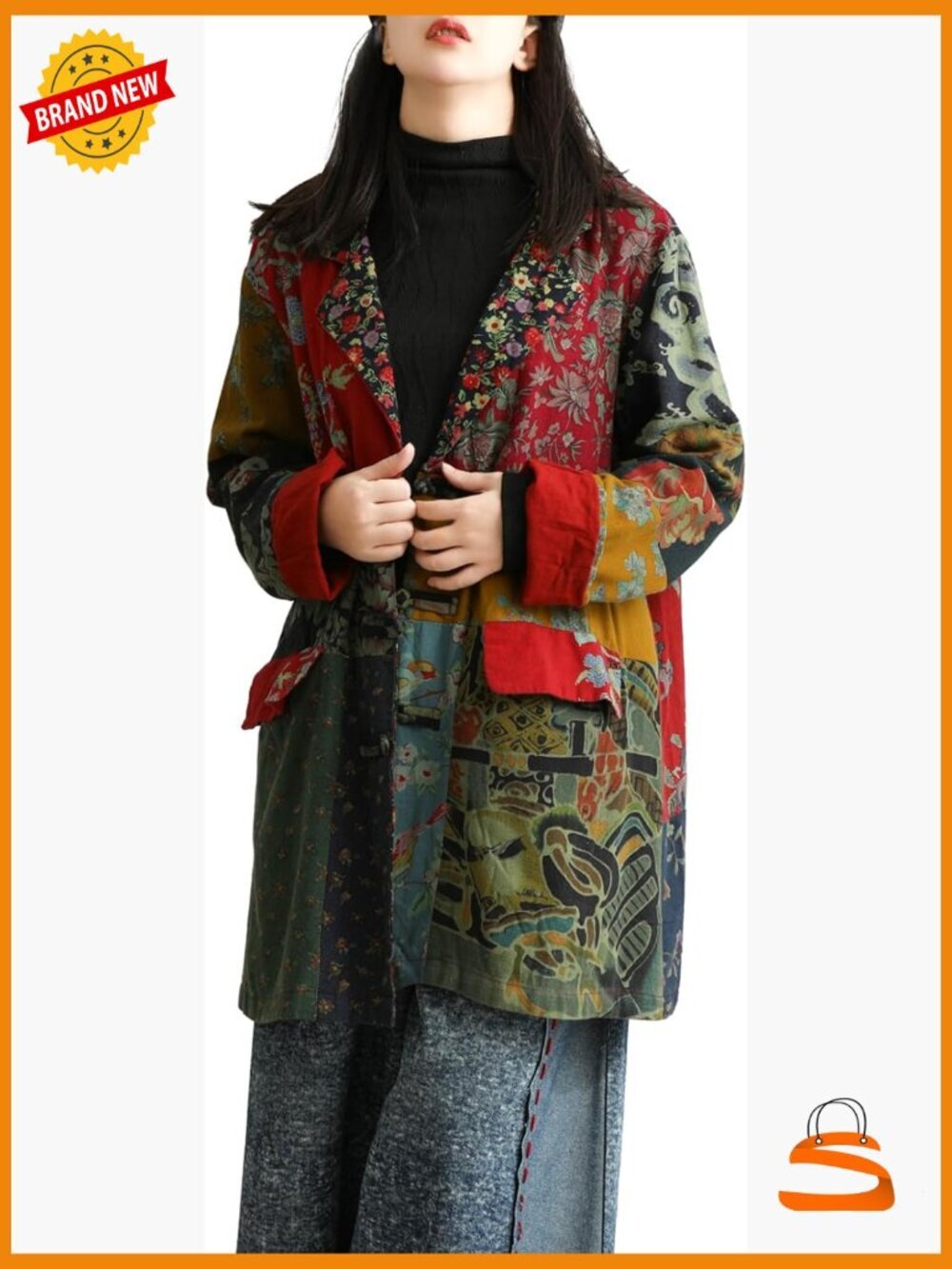 Handmade Patchwork Duster Blazer, Frog Button Cotton Linen, Bohemian Vintage